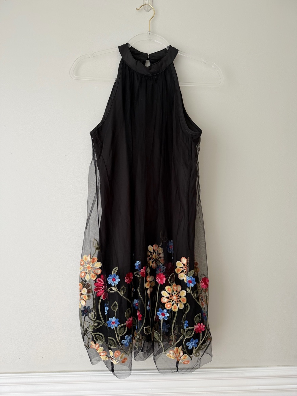 SHEIN Black Sheer Floral Embroidered Halter Dress Sz M